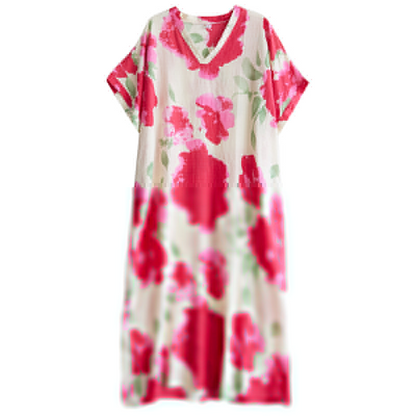 XITAO Contrast Color V-neck Pullover Dress Ankle-Length Loose Short Sleeve Casual Summer Temperament All Match Dress ZMY1087