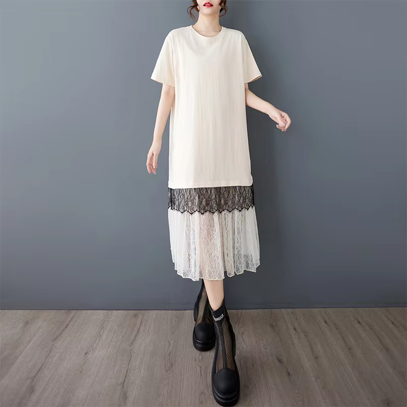 XITAO Gauze Patchwork Lace Contrast Color Pullover Dress O-neck Short Sleeve Loose A-line Mid-calf Casual T-shirt Dress HQQ2474