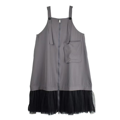 XITAO Gauze Patchwork Pocket Dress Solid Color Square Collar Sleeveless Loose Casual Slimming Summer Woman Straps Dress ZMY1313