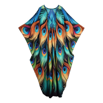 XITAO Print Vintage V-neck Dress Temperament Pullover Loose Side Slit Bat Wing Sleeve Summer Woman Ankle-length Dress GJ1205
