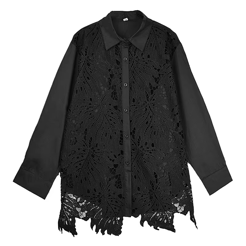 XITAO Hollow Out Lace Patchwork Women Shirt Single Breasted Turn-down Collar Solid Color Long Sleeve Loose All Match Top ZY8934