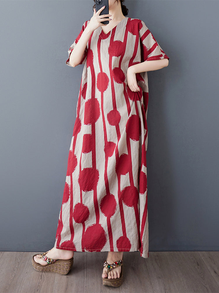 XITAO Dot Print Striped Contrast Color Dress V-neck Pullover Short Sleeve Ankle-Length Loose Casual Slimming Dress ZMY1086