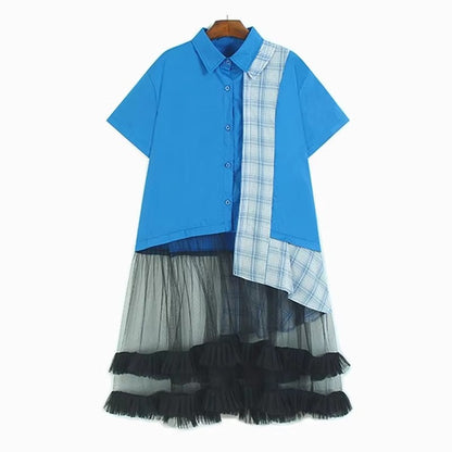 XITAO Gauze Irregular Contrast Color Dress Patchwork Turn-down Collar Single Breasted Casual Loose Summer Woman Dress ZMY1395