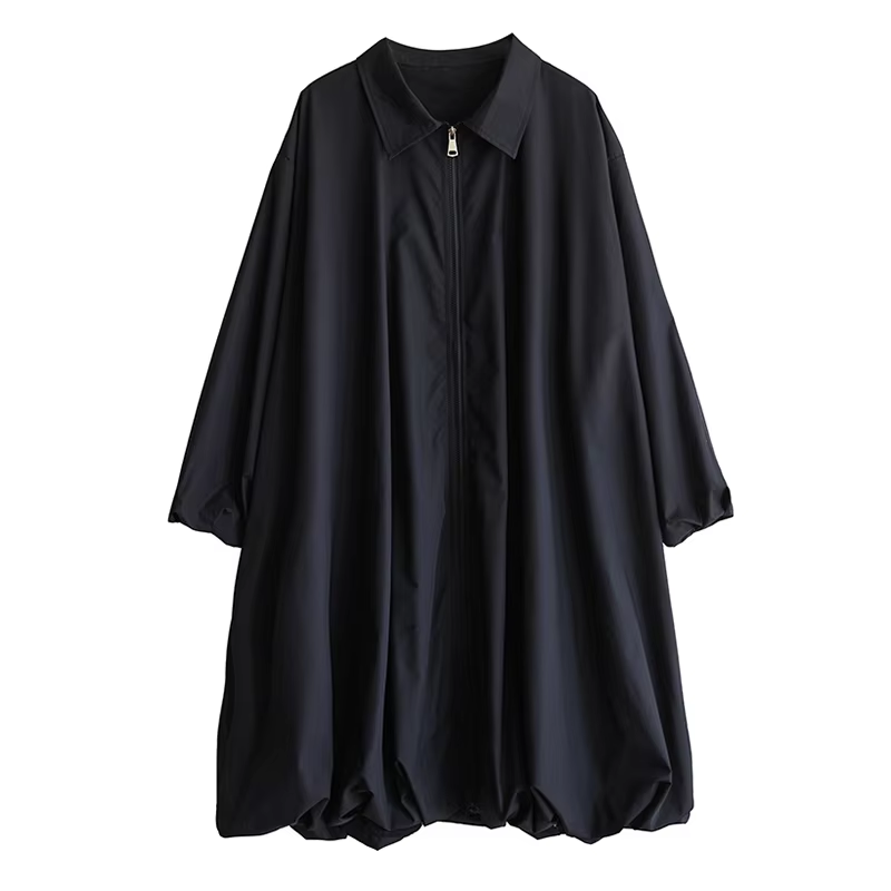 XITAO Loose Vintage Zipper Dress Simple Solid Color Long Sleeve Women Personality Hem Casual Turn-down Collar Dress ZMY1056