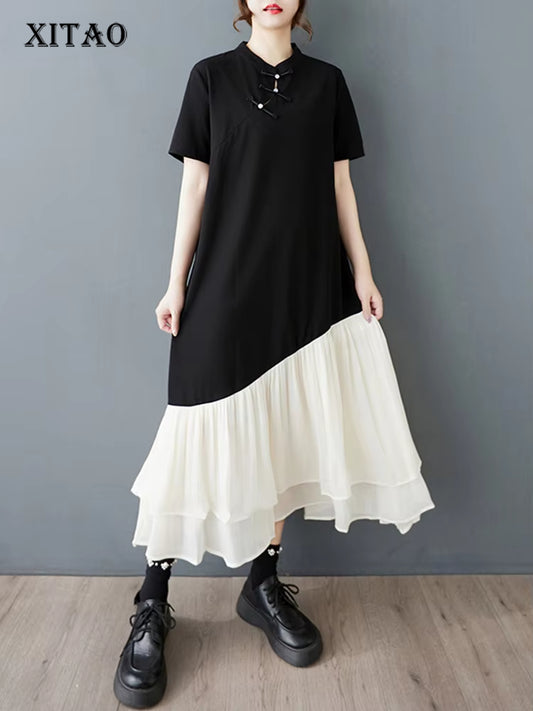 XITAO Irregular Patchwork Half Sleeve Dress Casual Short Sleeve A-line Chinese Style Elegant Fashion Spring Women Dress GYX1547
