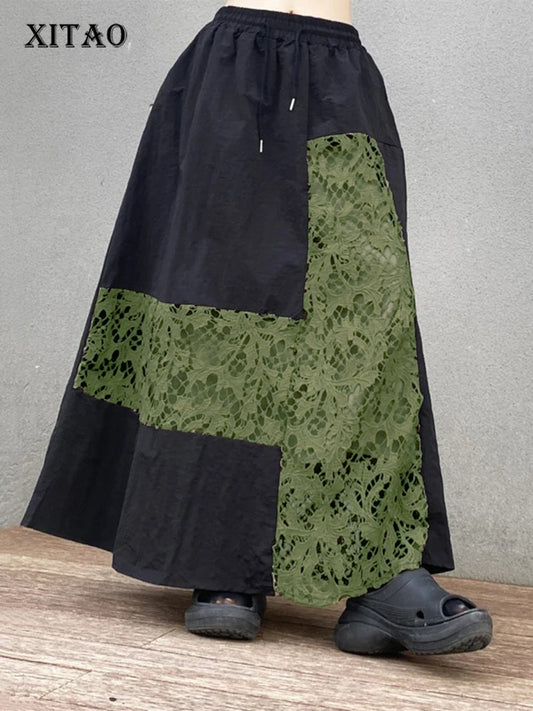 XITAO Contrast Color Lace Patchwork Skirt Loose Fashion Casual Women Summer New All-match A-line Skirt Street Trendy WLD20250