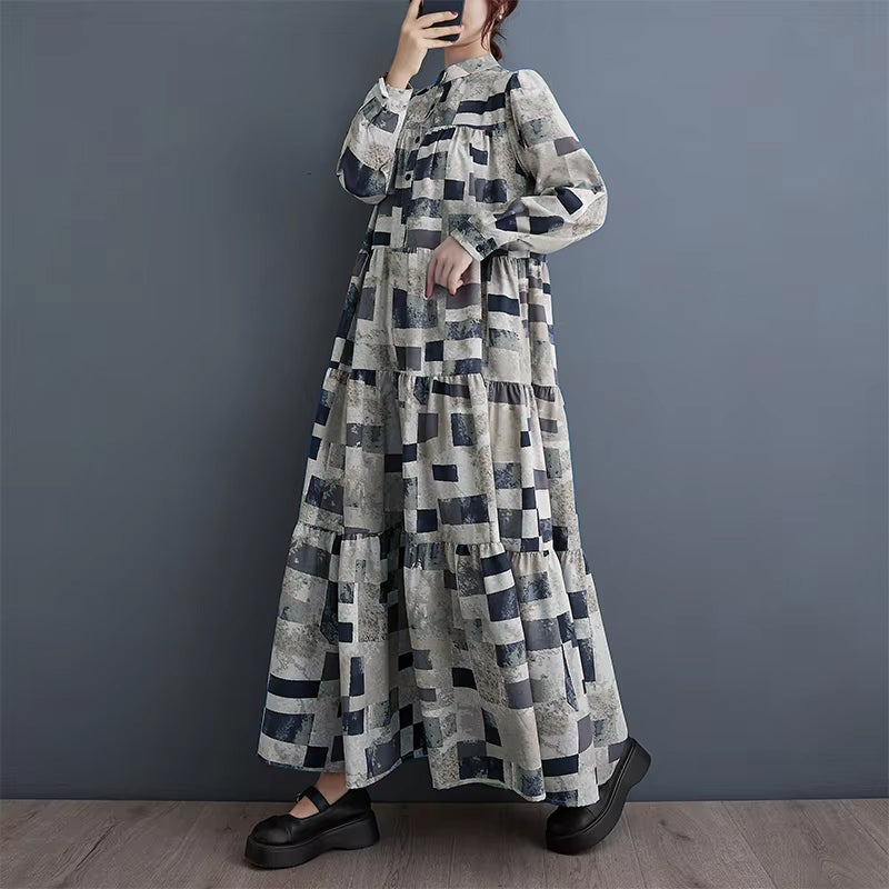 XITAO Loose Print Casual Patchwork Dress Full Sleeve A-line Korean Temperament Women Stand Collar Single Breasted Dress ZYY1013