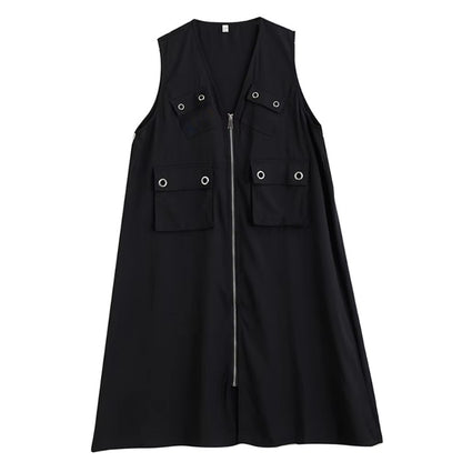 XITAO Zipper Pocket V-neck Dress Sleeveless Casual Solid Color Patchwork Temperament Slimming Summer Woman Dress ZMY1311