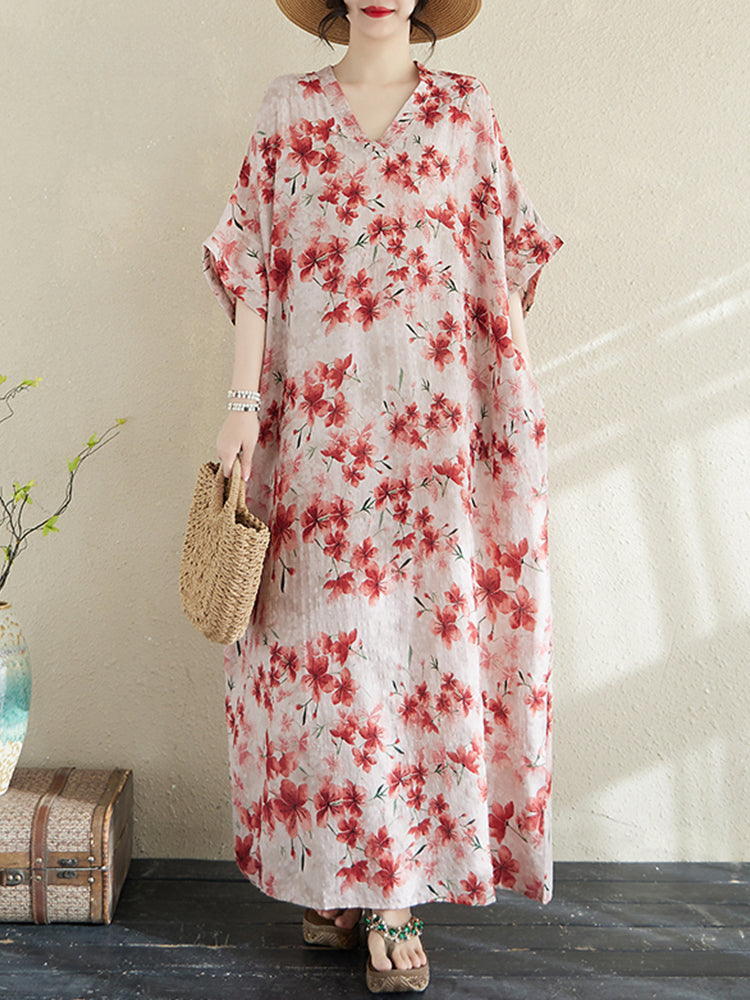 XITAO Batwing Print Flower Leisure Dress A-line V-neck Casual Half Sleeve Thin Vintage Sweet Summer Female Dress ZMY1006
