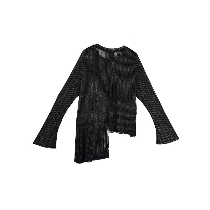 XITAO Gauze Patchwork Asymmetrical Perspective T-Shirts Solid Color Pullover O-neck Long Sleeve Slim Personality T-shirt ZMY1323
