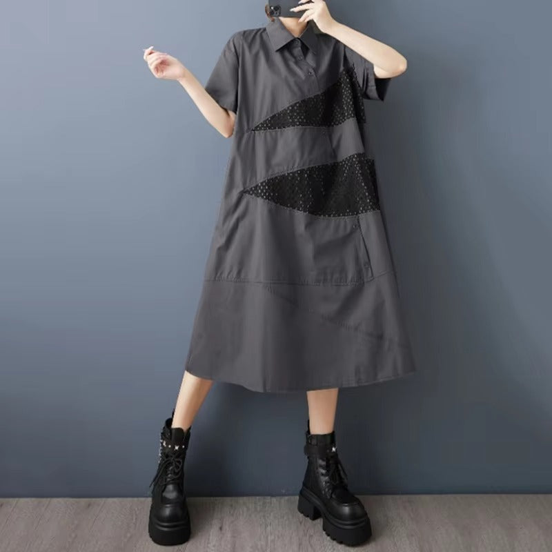 XITAO Patchwork Turn-down Collar Loose Dress Slimming Gauze Solid Color Short Sleeve Fashion Casual Summer Woman Dress HQQ2507
