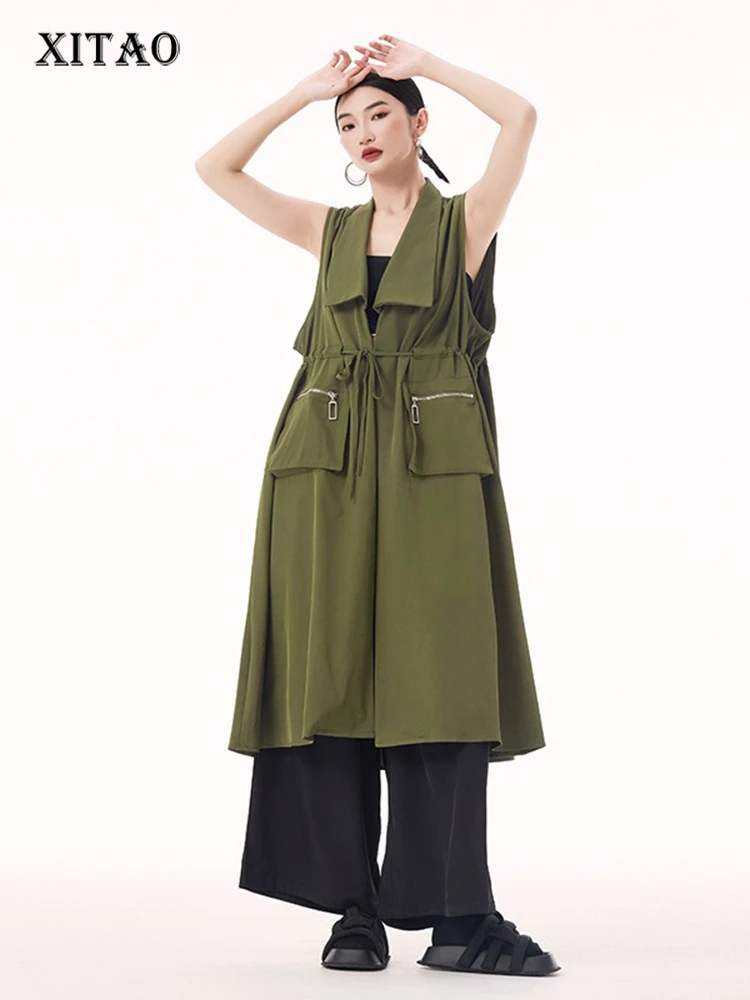 XITAO Sleeveless Bandage Open Stitch Pocket Vest Mid-calf Solid Color Turn-down Collar Slimming Casual Women Vest GMM1362