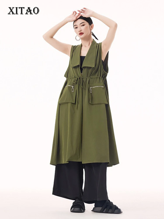 XITAO Sleeveless Bandage Open Stitch Pocket Vest Mid-calf Solid Color Turn-down Collar Slimming Casual Women Vest GMM1362
