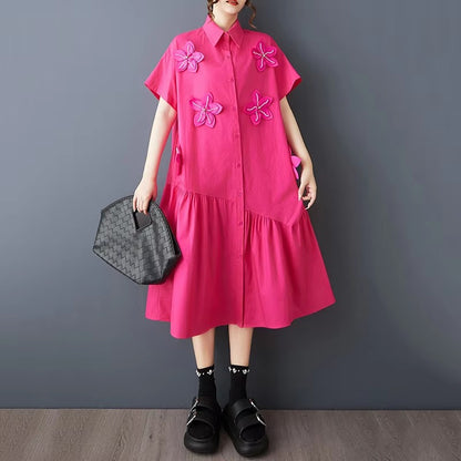 XITAO Flower Turn-down Collar Short Sleeve Dress Solid Color Irregular Patchwork Loose Casual Sweet Summer Woman Dress ZMY1386