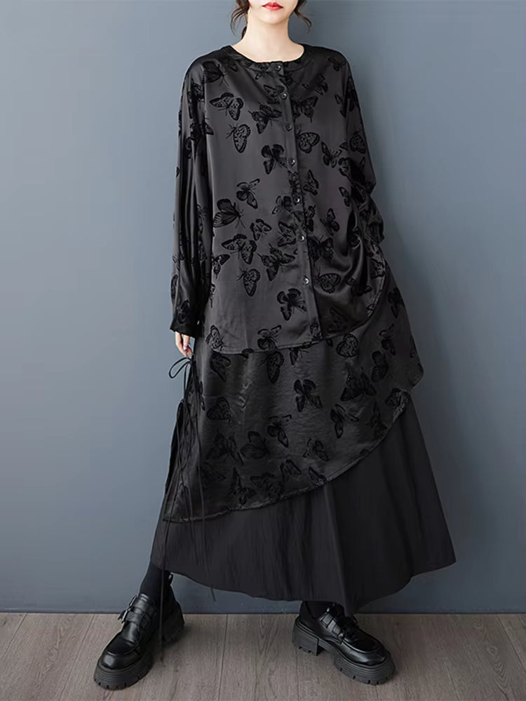 XITAO Irregular Patchwork Single Breasted Set Casual O-neck Elastic Waist Full Sleeve Bandage Autumn Female Dress Set GMM1336