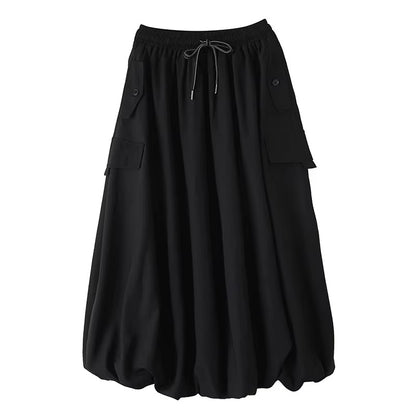 XITAO Pocket Pleated Drawstring Skirts Solid Color Button A-line Loose Casual Personality Slimming Summer Woman Skirts ZMY1301