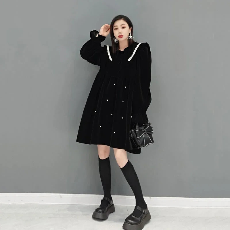XITAO Vintage Mini Dress Fashion Silk Velvet Contrast Color Peter Pan Collar Women New Loose Large Size Pullover Dress GWJ2873