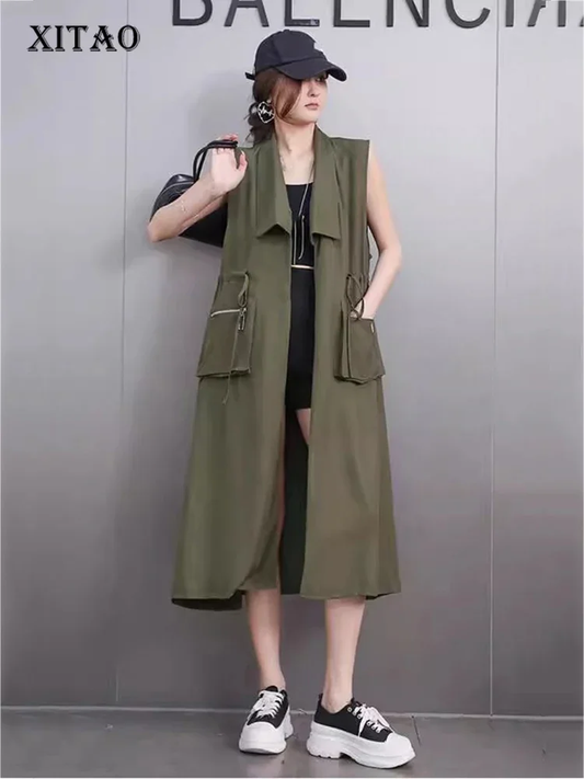 XITAO Pocket Bandage Sleeveless Open Stitch Vest Solid Color All Match Female Turn-down Collar New Summer Casual Vest GMM1370