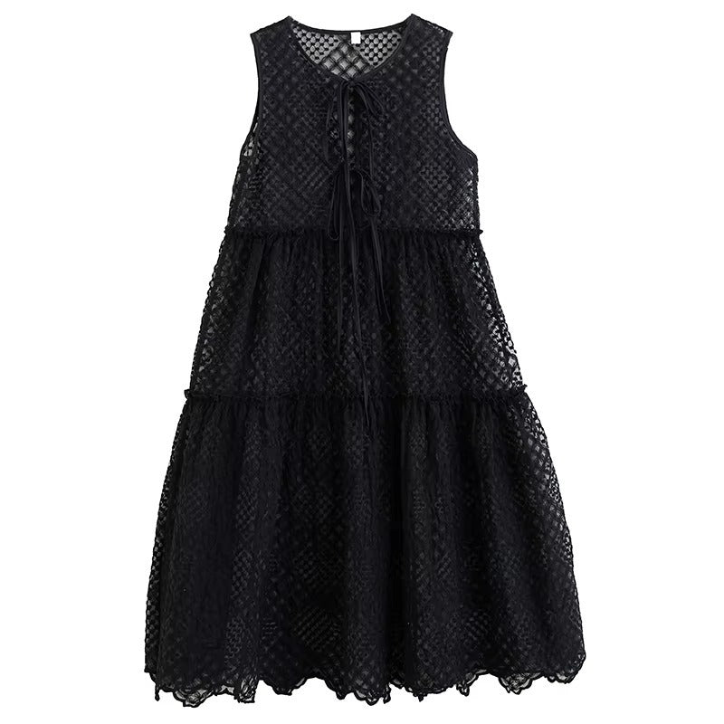 XITAO Lace Drawstring Hollow Out Dress Patchwork Solid Color Loose Sleeveless O-neck Casual Slimming Summer Woman Dress ZMY1312