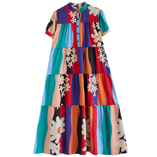 XITAO Print O-neck Button Flower Dress A-line Casual Loose Fitting Slimming Leisure Patchwork Female Dress ZMY1037