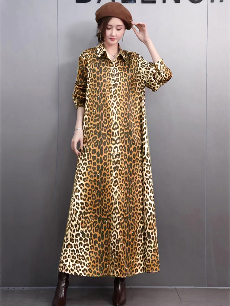 X XITAO Leopard Print Single Breasted Lapel Dress Full Sleeve Casual Simple A-line Fashion Shirt Collar Popular Slimming Women Dress GMM1318