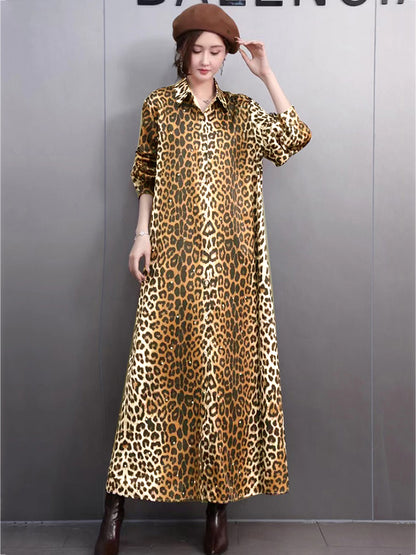X XITAO Leopard Print Single Breasted Lapel Dress Full Sleeve Casual Simple A-line Fashion Shirt Collar Popular Slimming Women Dress GMM1318