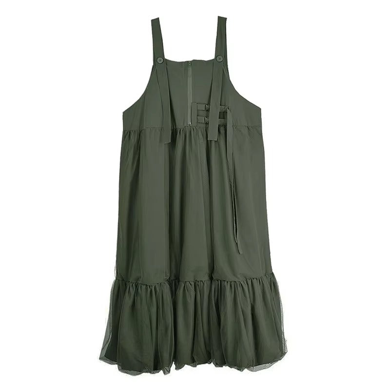 XITAO Button Gauze Patchwork Dress Solid Color Spaghetti Strap Square Collar Temperament Slimming Summer Woman Dress  HQQ2495