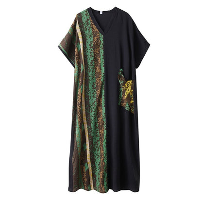 XITAO Contrast Color Patchwork Dress Casual Pocket Half Sleeve Loose V-neck Thin Summer Fitting Women Dress ZMY1014