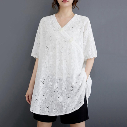 XITAO Asymmetric V-neck T-shirt Casual Short Sleeve Simple Solid Color Chinese Style All Match Summer Female T-shirt ZMY1101