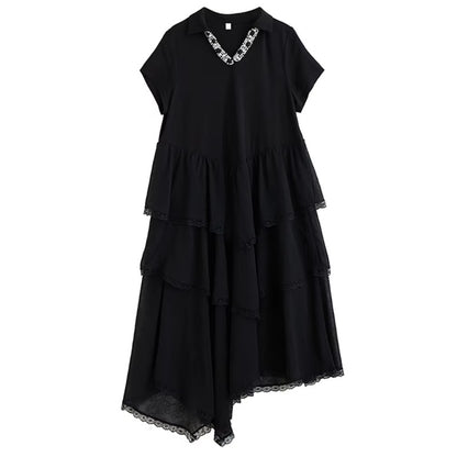 XITAO Asymmetrical Lace Patchwork Dress Embroidered Flares V-neck Short Sleeve Temperament Elegant Summer Woman Dress ZMY1317