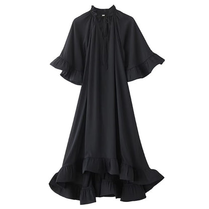 XITAO Drawstring Irregular Loose Dress V-neck Butterfly Sleeves Personality Slimming Solid Color Summer Woman Dress ZMY1387