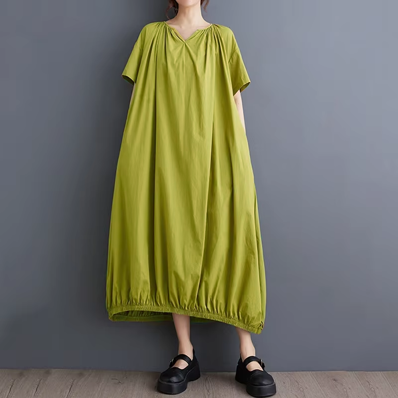 XITAO Pleated Solid Color Simplicity A-line Dress Loose V-neck Short Sleeve Fashion All-match Summer Women New Dress WLD20245
