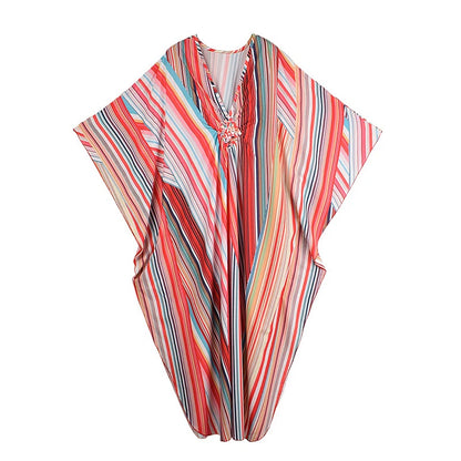 XITAO Print Contrast Color Dress Casual A-line Pullover Fashion V-neck Long Style New Batwing Sleeve Summer Women Dress GJ1149