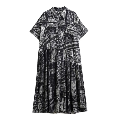 XITAO Gauze Patchwork Print Single Breasted Dress Turn-down Collar Sort Sleeve Pullover Loose Mid-calf Casual Dress ZMY1138