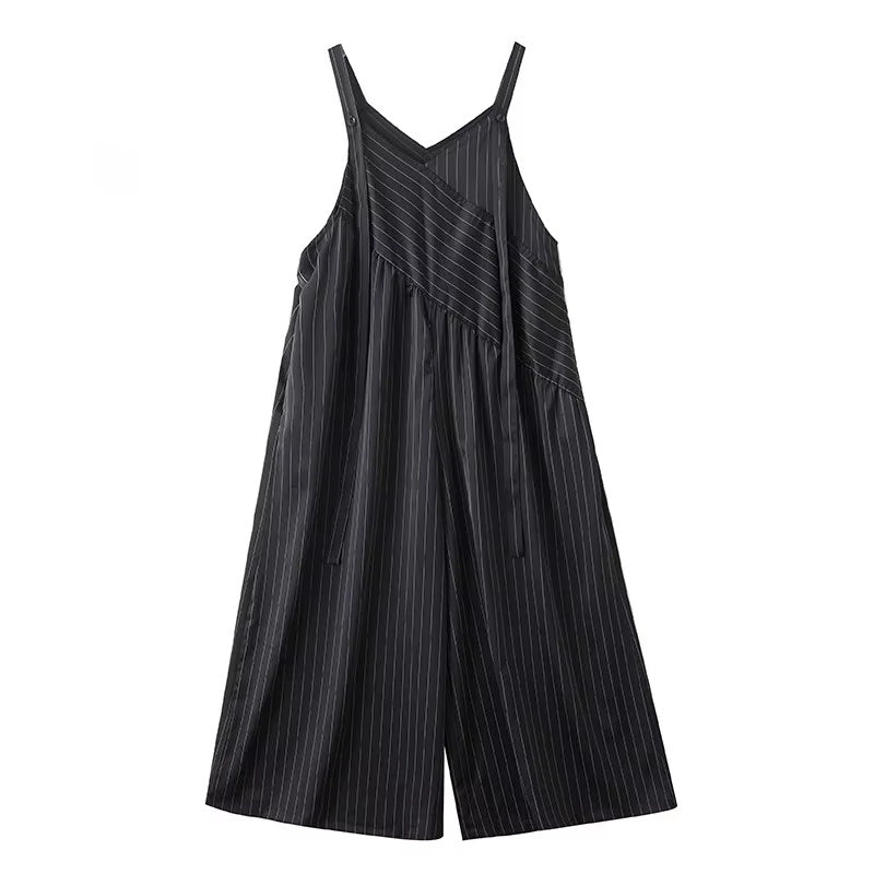 XITAO Loose Striped Jumpsuits All-match Temperament Slimming Women Irregular Patchwork Sleeveless V-neck Jumpsuits HQQ2499