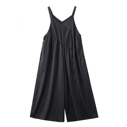 XITAO Loose Striped Jumpsuits All-match Temperament Slimming Women Irregular Patchwork Sleeveless V-neck Jumpsuits HQQ2499