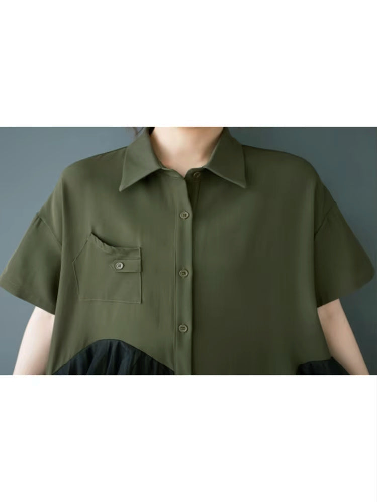 XITAO Single Breasted Mesh Patchwork Dress Turn-down Collar Casual Solid Color Short Sleeve A-line Summer Women Dress ZMY1198