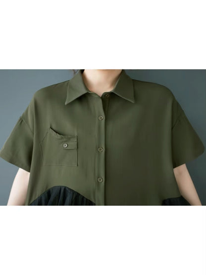 XITAO Single Breasted Mesh Patchwork Dress Turn-down Collar Casual Solid Color Short Sleeve A-line Summer Women Dress ZMY1198