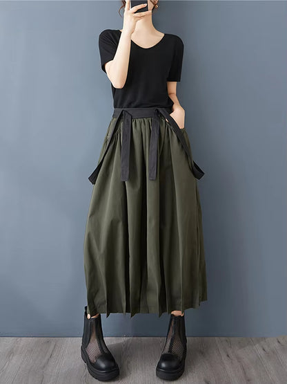 XITAO Folds Suspenders Contrast Color Skirts Casual Pocket Patchwork All Match A-line Loose Slimming Personality Skirt ZY8932
