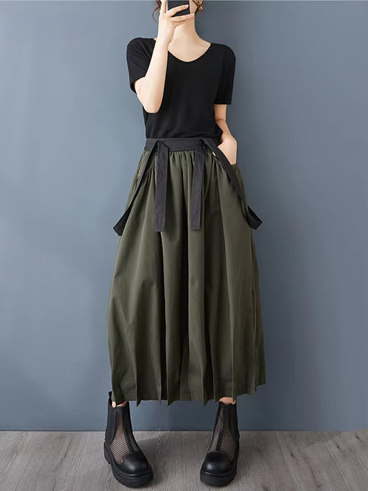 XITAO Folds Suspenders Contrast Color Skirts Casual Pocket Patchwork All Match A-line Loose Slimming Personality Skirt ZY8932