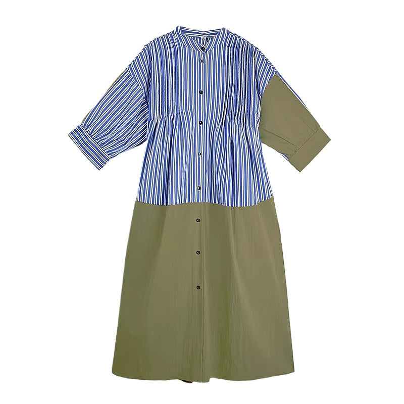 XITAO Contrast Color Striped Casual Dress Patchwork Single Breasted Stand Collar Vintage Side Slit Summer Woman Dress ZMY1365