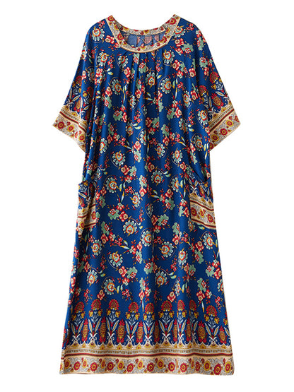 XITAO Flower Pleated Print O-neck Dress Casual Loose Fitting Ethnic Style Simple Pullover Summer Women Dress ZMY1098