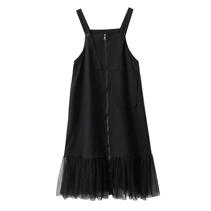 XITAO Gauze Patchwork Pocket Dress Solid Color Square Collar Sleeveless Loose Casual Slimming Summer Woman Straps Dress ZMY1313