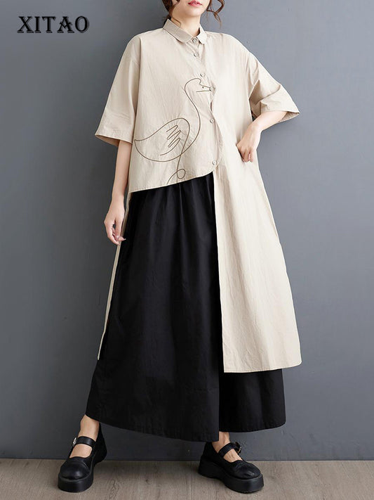 XITAO Asymmetric Turn-down Collar Dress Casual Single Breasted A-line Solid Color Half Sleeve Simple Summer Women Dress ZMY1100