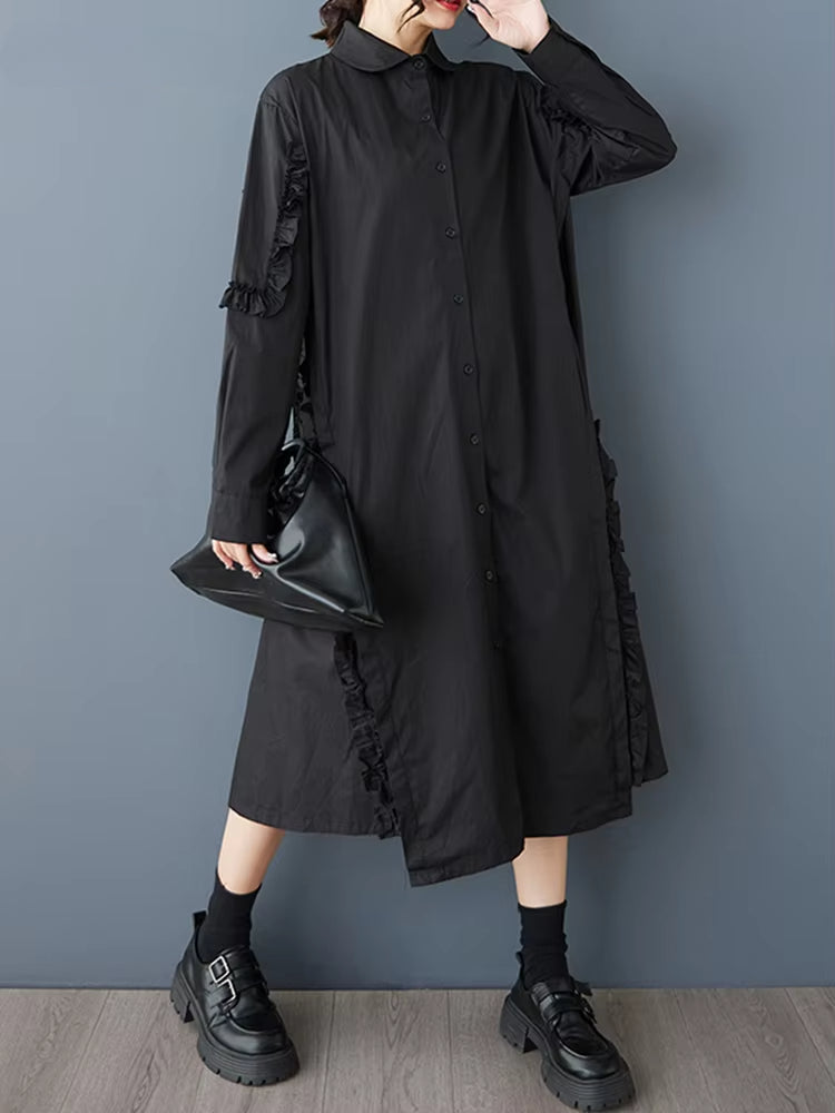 XITAO Edible Tree Fungus Patchwork Asymmetrical Dress Solid Color Single Breasted Turn-down Collar Loose Shirt Dress GYX1513