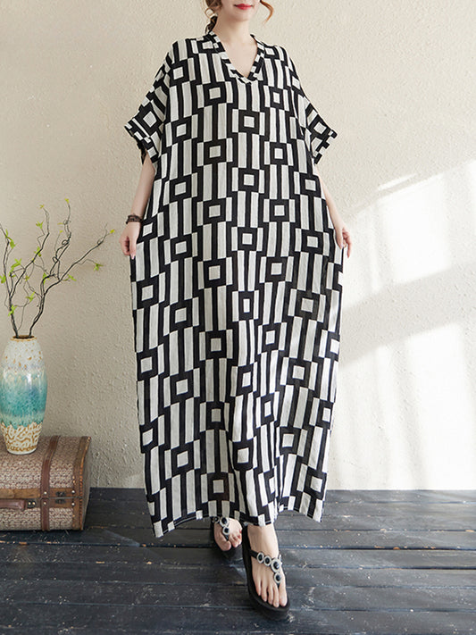 XITAO Print Batwing Sleeve V-neck Pullover Dress Vintage Loose Slimming Ankle-Length Casual All Match Temperament Dress ZY8929