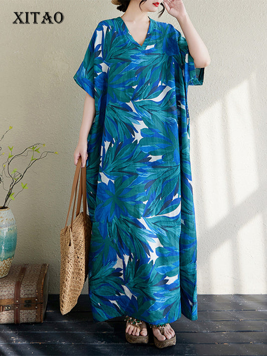 XITAO Print V-neck Dress Simple Casual Loose A-line Long Style Pullover Elegant Summer Female Dress ZMY1122