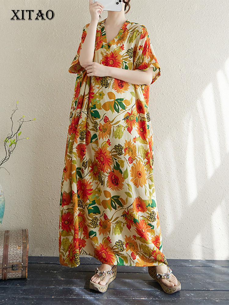 XITAO V-neck Print Dress Short Sleeve Casual Loose Fitting Slimming Elegant Pullover Summer Women Dress ZMY1107