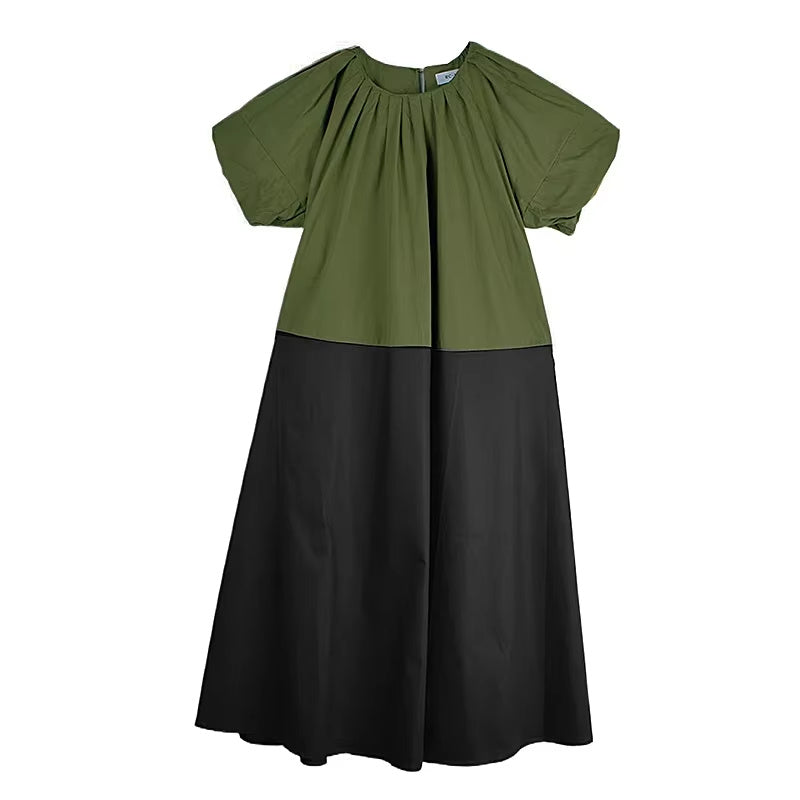 XITAO A-line Contrast Colors Loose Dress Pullover Patchwork O-neck Lantern Sleeve Slimming Casual Summer Woman Dress ZMY1409