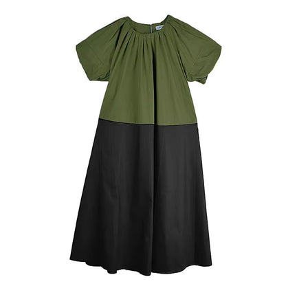 XITAO A-line Contrast Colors Loose Dress Pullover Patchwork O-neck Lantern Sleeve Slimming Casual Summer Woman Dress ZMY1409